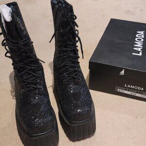 Lamoda Black Glitter Platform Boots (Sz 6)